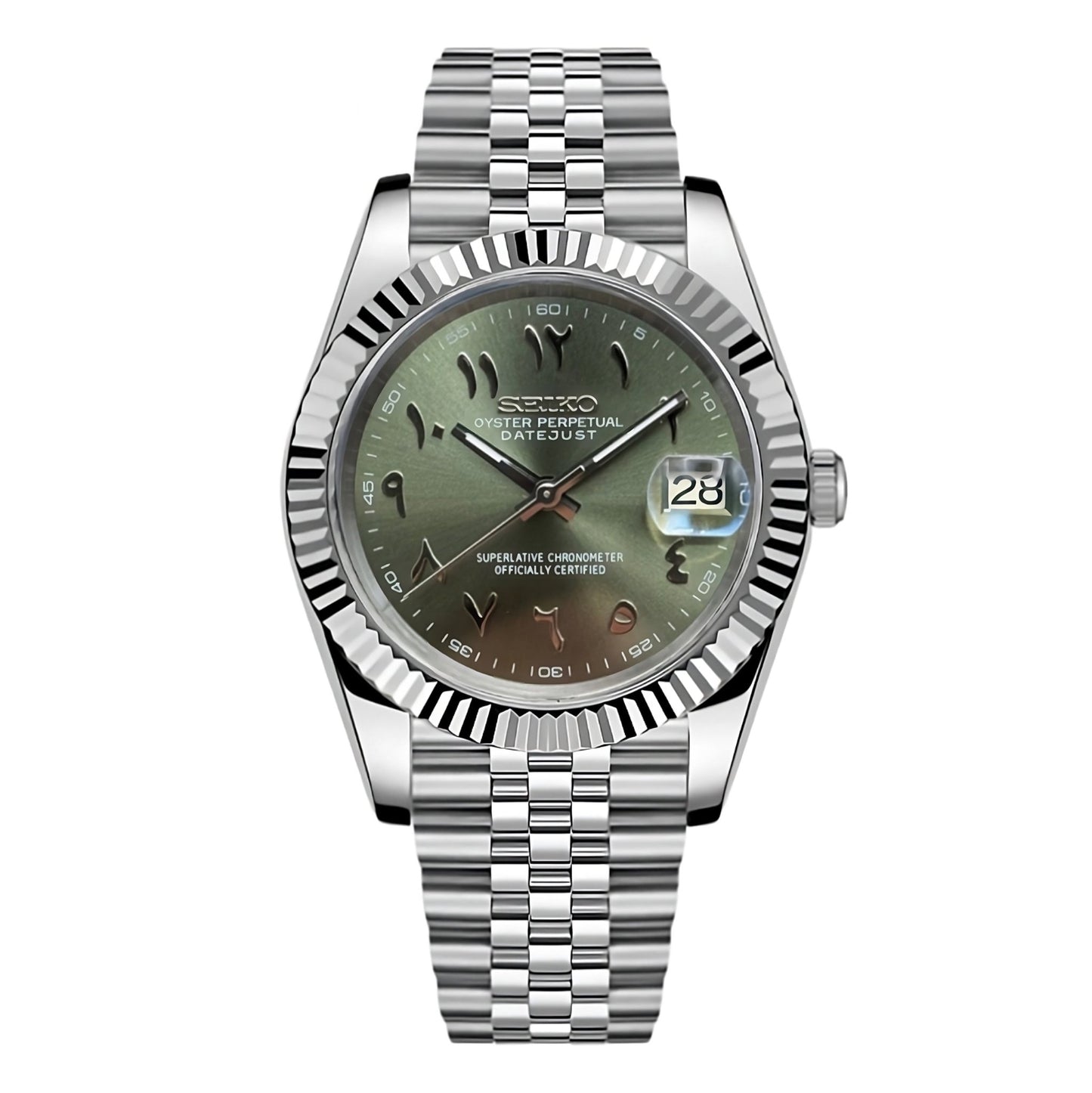 Seiko Mod Datejust "Green Arabic" Watch - Somerville Watch Co. - Green - Arabic - Datejust