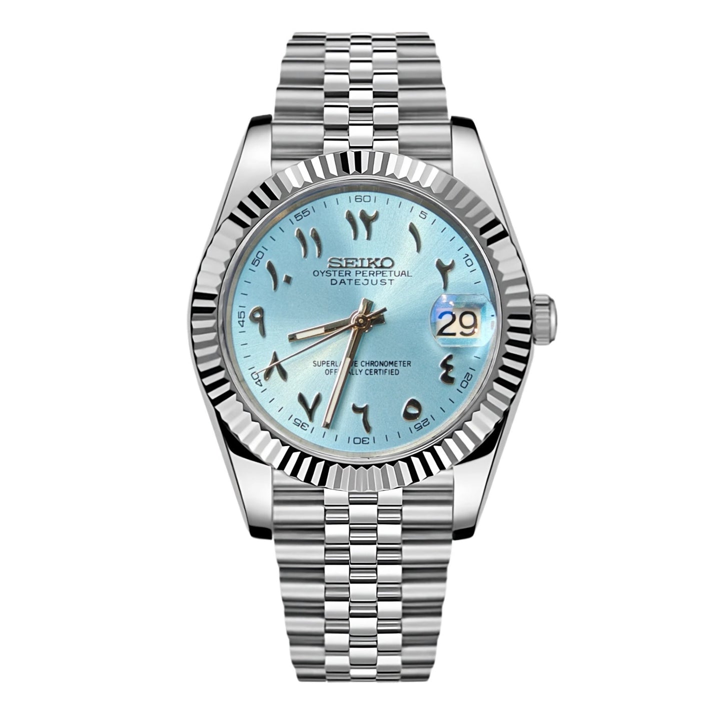 Seiko Mod Datejust "Ice Blue Arabic" Watch - Somerville Watch Co. - Ice - Blue - Arabic - Datejust