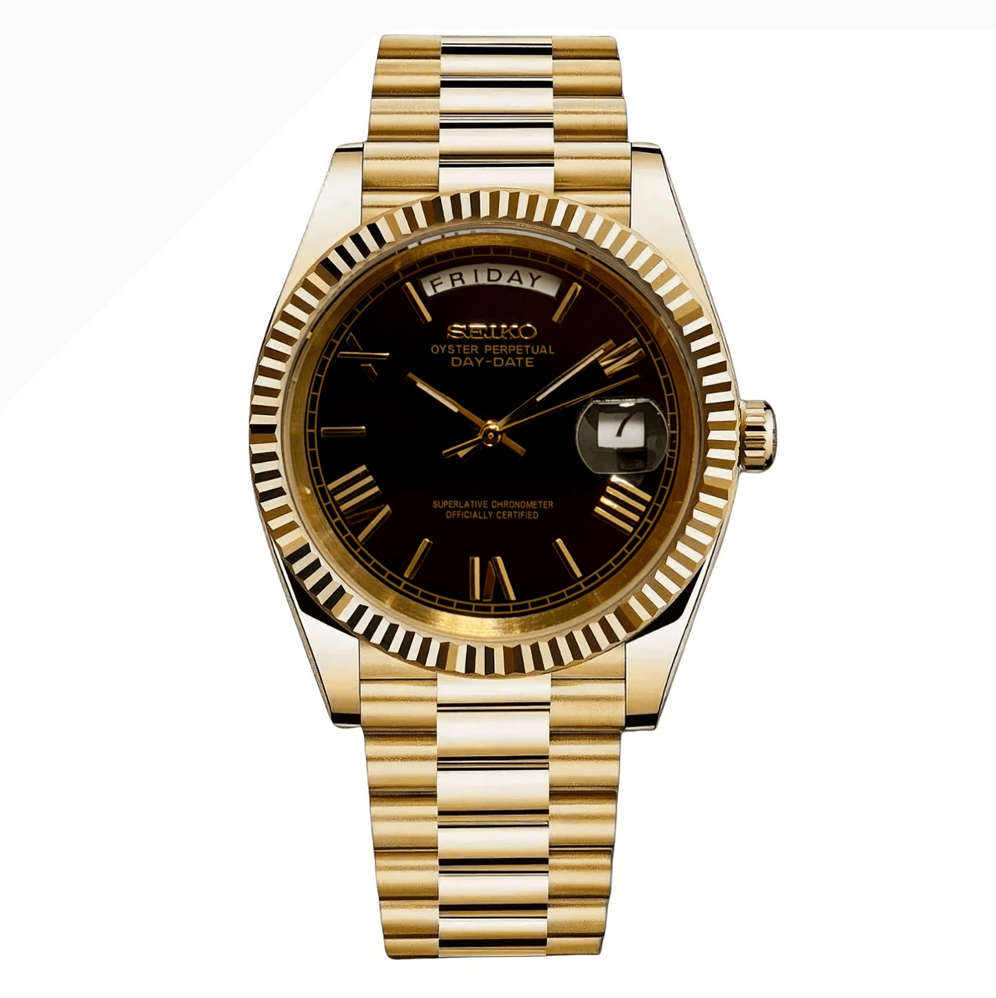 Seiko Mod Day - Date "Yellow Gold/Black Roman" Watch - Somerville Watch Co. - YG-Black-Roman-Day-Date