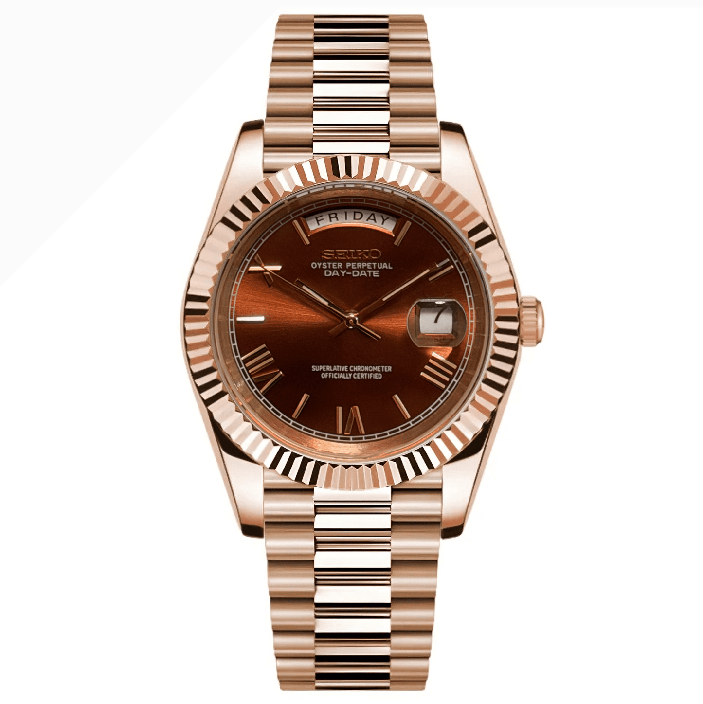 Seiko Mod Day - Date "Chocolate Roman" Watch - Somerville Watch Co. - RG-Chocolate-Roman-Day-Date