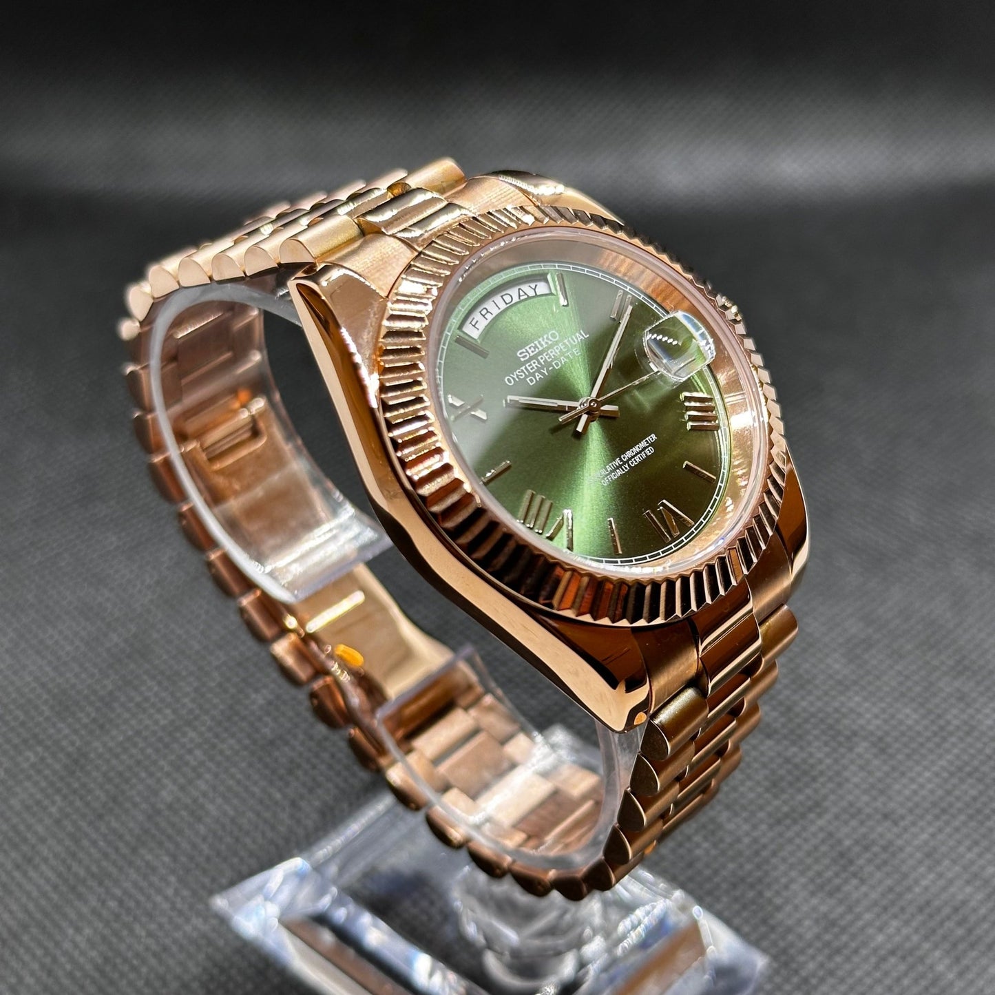 Seiko Mod Day - Date "Rose Gold/Green" Watch - Somerville Watch Co. - Rose - Gold - Green - Day - Date