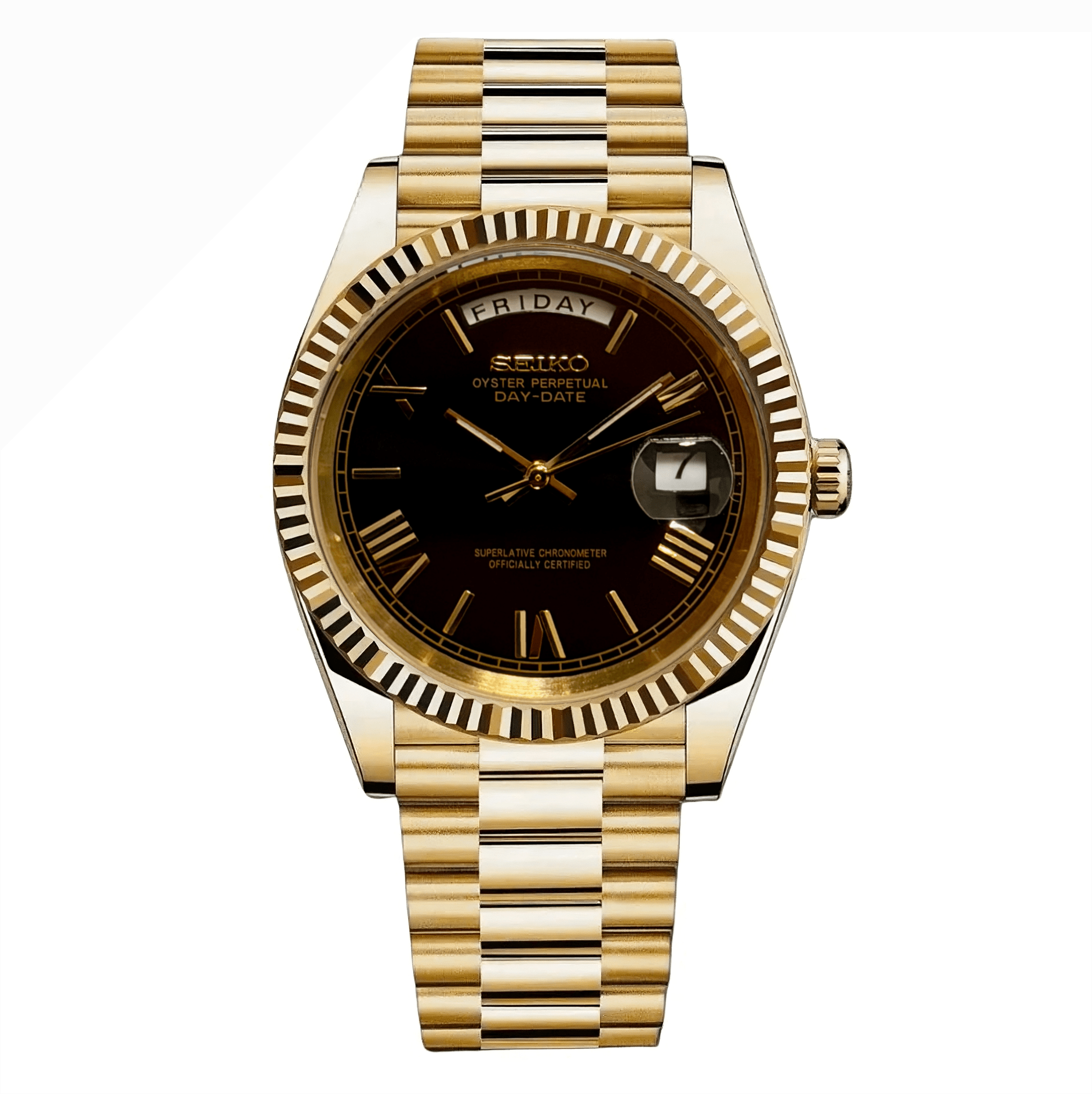 Seiko Mod Day - Date "Yellow Gold/Black Roman" Watch - Somerville Watch Co. - YG-Black-Roman-Day-Date