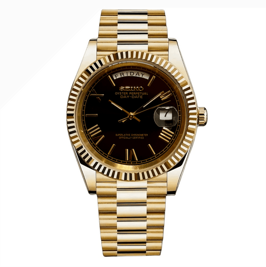 Seiko Mod Day - Date "Yellow Gold/Black Roman" Watch - Somerville Watch Co. - YG-Black-Roman-Day-Date