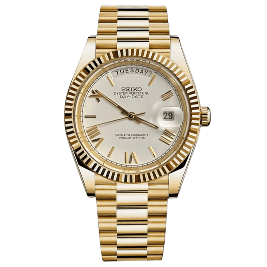 Seiko Mod Day - Date "Yellow Gold/White Roman" Watch - Somerville Watch Co. - YG - White - Day - Date