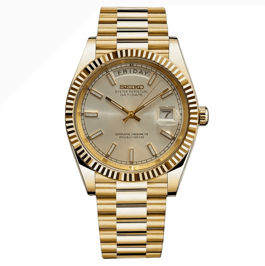 Seiko Mod Day - Date "Yellow Gold/White" Watch - Somerville Watch Co. - YG-White-Day-Date